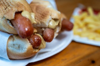 Viyana, Avusturya, Ağustos 2022. Yakın çekim ağız sulandırıcı sosis ve hardallı sandviç, yerel bir spesiyal. Patates kızartmasının bulanık arka planına karşı.