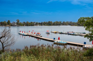 Viyana, Avusturya, 17 Ağustos 2022. Alte Donau doğa parkının manzarası. Kiralık tekneleri olan bir iskele vurgulandı. İnsanlar burada rahatlar..