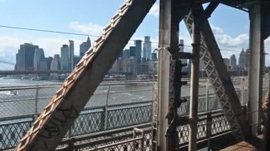 New York City, ABD, 21 Ağustos 2024. Manhattan Köprüsü 'nü geçip Manhattan' a giden metronun içinden yavaş çekim görüntüsü. İkonik bir şehir..
