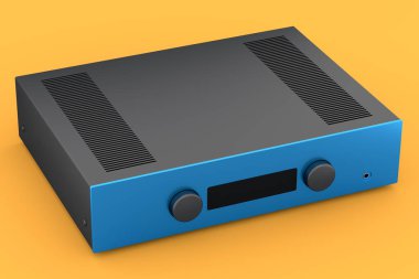 Pikablı HiFi sistemi ve sarı arka planda ev sineması için yükseltici. Dinleme müziği için 3d yorumlama konsepti
