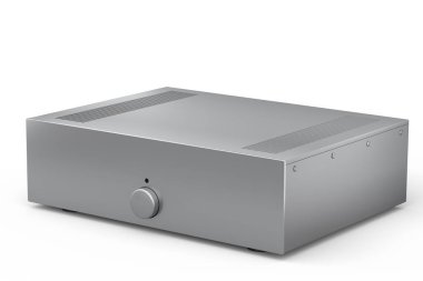 Pikablı HiFi sistemi ve beyaz arka planda ev sineması için yükseltici. Dinleme müziği için 3d yorumlama konsepti