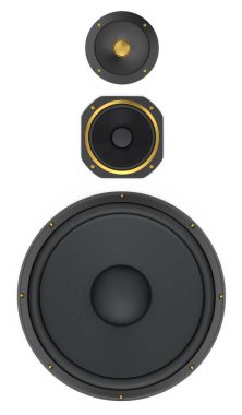 Hoparlörlü hoparlörler beyaz arka planda izole edildi. Ses kayıt stüdyosu için müzik kutusu gibi 3D ses ekipmanları oluştur