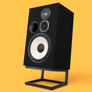 Hoparlörlü Hi-Fi hoparlörleri sarı arka planda izole edildi. Ses kayıt stüdyosu için müzik kutusu gibi 3D ses ekipmanları oluştur