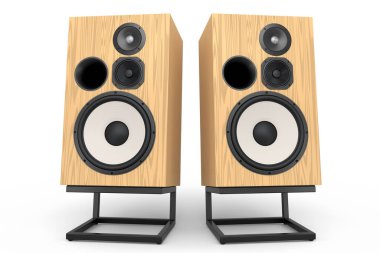 Hoparlörlü Hi-Fi hoparlörleri beyaz arka planda izole edildi. Ses kayıt stüdyosu için müzik kutusu gibi 3D ses ekipmanları oluştur