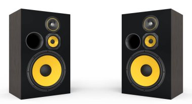 Hoparlörlü hoparlörler beyaz arka planda izole edildi. Ses kayıt stüdyosu için müzik kutusu gibi 3D ses ekipmanları oluştur
