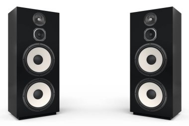 Hoparlörlü hoparlörler beyaz arka planda izole edildi. Ses kayıt stüdyosu için müzik kutusu gibi 3D ses ekipmanları oluştur