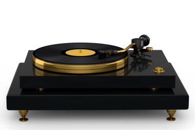 Vinyl record player or DJ turntable with retro vinyl disk on white background. 3d render of sound equipment and concept for sound entertainment.