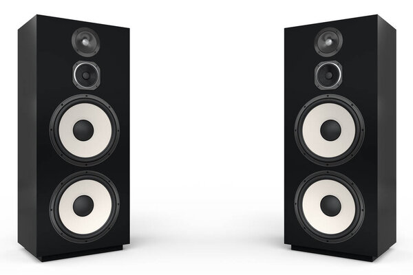 Hi-fi speakers with loudspeakers isolated on white background. 3d render audio equipment like boombox for sound recording studio