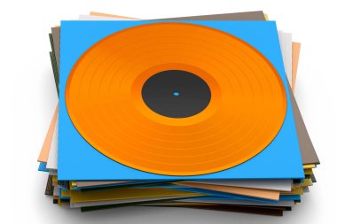 Black vinyl LP record with heap of covers isolated on white background. 3d render of musical long play album disc 33 rpm