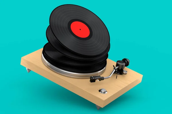 Vinyl Record Player Turntable Flying Vinyl Plate Green Background Render — 스톡 사진