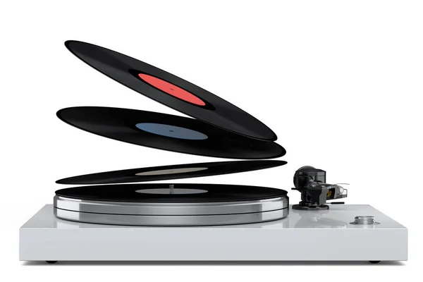 Vinyl Record Player Turntable Flying Vinyl Plate White Background Render — 图库照片