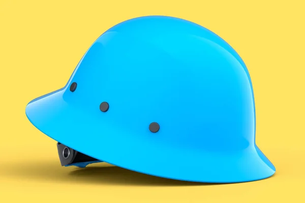 Blue safety helmet or hard cap isolated on yellow background. 3d render and illustration of headgear and handyman tools