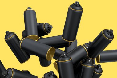 Sarı arka planda bir sürü uçan sprey boya kutusu var. 3 boyutlu sprey boya şişesi ve beyaz arka planda izole edilmiş sprey boya kutusu. 3D render sprey boya şişesi ve şeker kutusu.