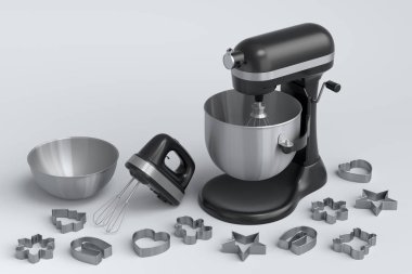 Beyaz arka planda hamur hazırlamak için mutfak gereçleri ve metal kurabiye makasıyla karıştırıcı ve el mikseri. Aşçılık ve karıştırma için 3D pişirme işlemini adım adım ve aksesuarlar