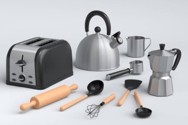 Tost makinesi, çaydanlık, beyaz arka planda kahvaltı hazırlamak için mutfak aletli kahve makinesi. Aşçılık, harmanlama ve karıştırma için 3D pişirme süreci adım adım ve aksesuarları