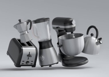 Beyaz arka planda kahvaltı hazırlamak için elektrikli mutfak aletleri ve aletleri. Pişirme, pişirme, karıştırma ve kırbaçlama için 3D mutfak gereçleri