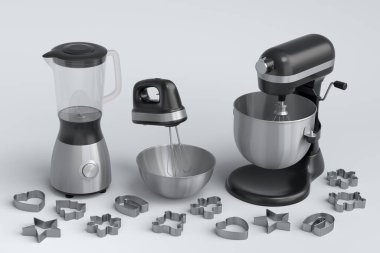 Beyaz arka planda hamur hazırlamak için mutfak gereçleri ve metal kurabiye makasıyla karıştırıcı ve el mikseri. Aşçılık ve karıştırma için 3D pişirme işlemini adım adım ve aksesuarlar