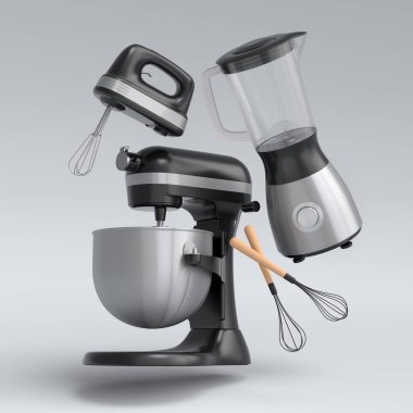 Mutfak gereçleri ile karıştırıcı ve el çırpıcı beyaz arka planda hamur ve kokteyl hazırlamak için çırpıcı. Aşçılık ve karıştırma için 3D pişirme işlemini adım adım ve aksesuarlar