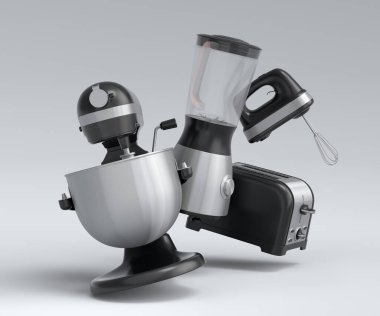 Beyaz arka planda kahvaltı hazırlamak için elektrikli mutfak aletleri ve aletleri. Pişirme, pişirme, karıştırma ve kırbaçlama için 3D mutfak gereçleri