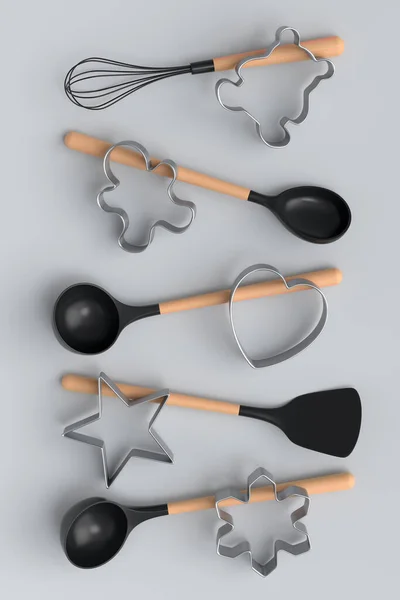 Set Von Ausstechformen Aus Metall Und Hölzernen Küchenutensilien Auf Weißem — Stockfoto