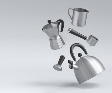 Espresso kahve makinesi, boynuzlu çaydanlık ve beyaz arka planda kahvaltı hazırlamak için gayzer kahve makinesi. Kahve yapmak için 3D kahve demliği.