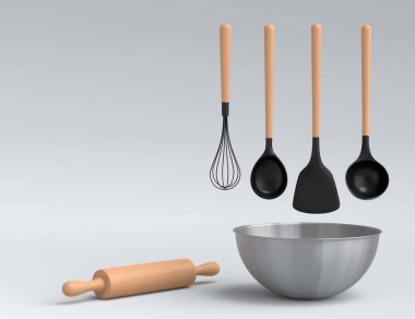 Beyaz arka planda hamur hazırlamak için mutfak gereçleri ile metal kase. Aşçılık, harmanlama ve karıştırma için 3D pişirme süreci adım adım ve aksesuarları