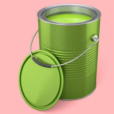 Open metal can or buckets of paint with handle on pink background. 3d render of renovation concept and interior design