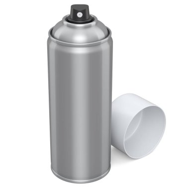 Beyaz arka planda izole edilmiş sprey boya kutusu. 3 boyutlu sprey boya şişesi ve beyaz arka planda izole edilmiş sprey boya kutusu. 3D render sprey boya şişesi ve şeker kutusu.