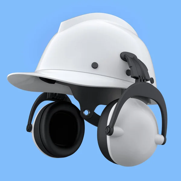 White Safety Helmet Hard Cap Earphones Muffs Isolated Blue Background — Stock Photo, Image