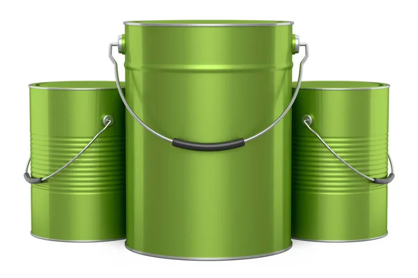 Set Metal Can Buckets Paint Row Pattern White Background Render — Stock Photo, Image