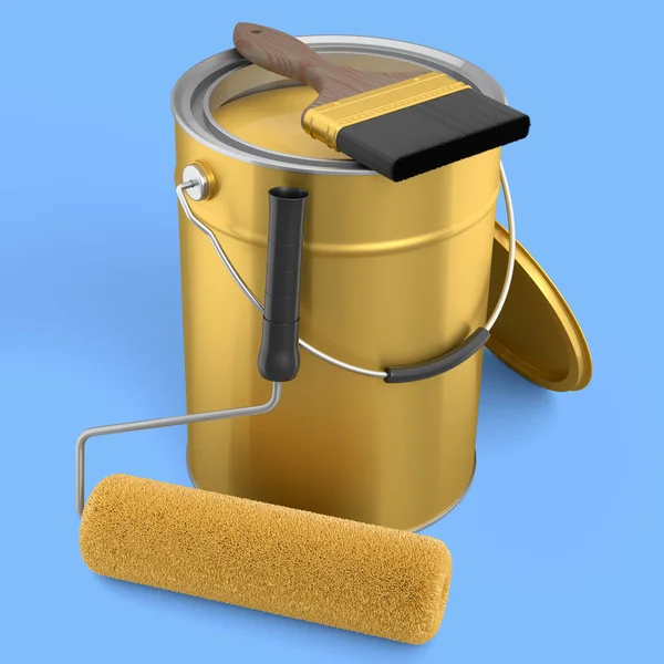 Open Metal Can Buckets Paint Bristle Brush Blue Background Render — 스톡 사진