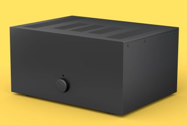 Pikablı HiFi sistemi ve sarı arka planda ev sineması için yükseltici. Dinleme müziği için 3d yorumlama konsepti