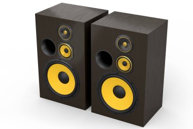 Hoparlörlü hoparlörler beyaz arka planda izole edildi. Ses kayıt stüdyosu için müzik kutusu gibi 3D ses ekipmanları oluştur