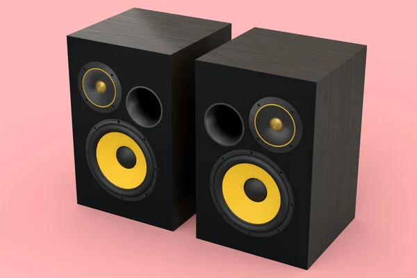 ピンクの背景に独立したスピーカーとハイファイスピーカー 録音スタジオ用のBoomboxのような3Dレンダリングオーディオ機器 — ストック写真