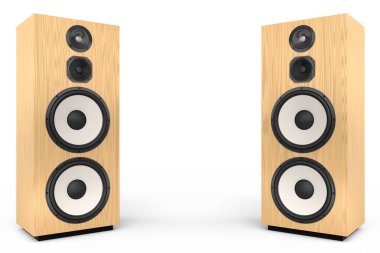 Hoparlörlü hoparlörler beyaz arka planda izole edildi. Ses kayıt stüdyosu için müzik kutusu gibi 3D ses ekipmanları oluştur