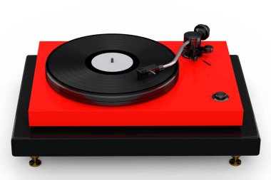 Vinyl record player or DJ turntable with retro vinyl disk on white background. 3d render of sound equipment and concept for sound entertainment.