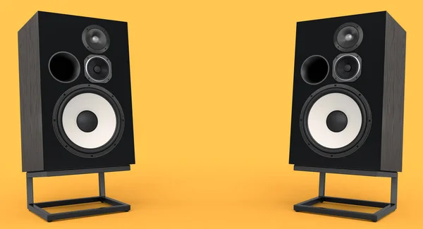 黄色の背景に隔離されたスタンド上のスピーカーとハイファイスピーカー 録音スタジオ用のBoomboxのような3Dレンダリングオーディオ機器 — ストック写真