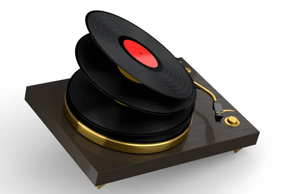 Vinyl Record Player Turntable Flying Vinyl Plate White Background Render — Foto de Stock