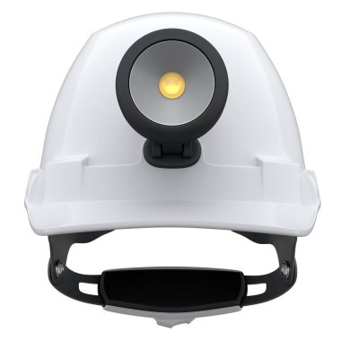 Beyaz güvenlik kaskı ya da arka planda izole edilmiş el feneri olan sert başlık. 3D görüntüleme ve başlık ve tamirci araçları illüstrasyonu