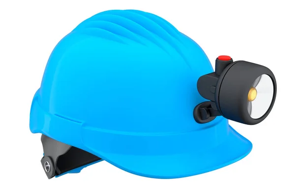 黄色安全帽或带手电筒的硬帽子 白色背景隔离 头盔和手工工具的3D渲染和说明 — 图库照片