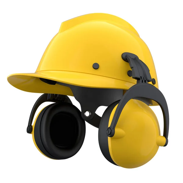 黄色安全帽或硬帽子和耳机围巾隔离在白色背景 头盔和手工工具的3D渲染和说明 — 图库照片