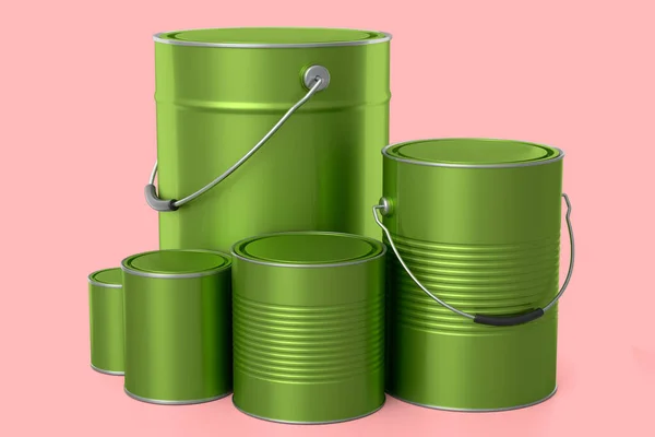 Set Metal Can Buckets Paint Row Pattern Pink Background Render — Stock Photo, Image