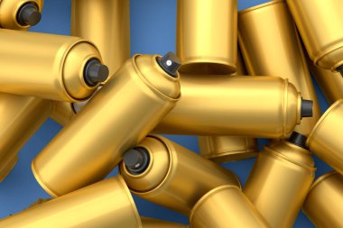 Mavi arka planda bir sürü uçan altın rengi sprey boya kutusu var. 3 boyutlu sprey boya şişesi ve beyaz arka planda izole edilmiş sprey boya kutusu. 3D render sprey boya şişesi ve şeker kutusu.