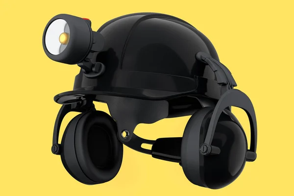 Black safety helmet or hard cap with flashlight and headphones on yellow background. 3d render and illustration of headgear and handyman tools