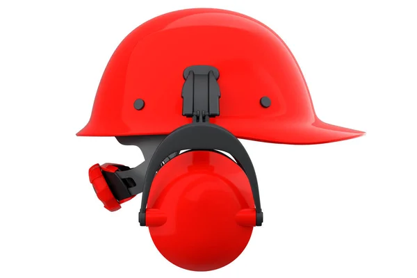 Красный Шлем Безопасности Жесткий Колпак Наушники Муфты Изолированы Белом Фоне — стоковое фото