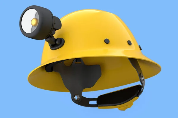 Yellow safety helmet or hard cap with flashlight isolated on blue background. 3d render and illustration of headgear and handyman tools
