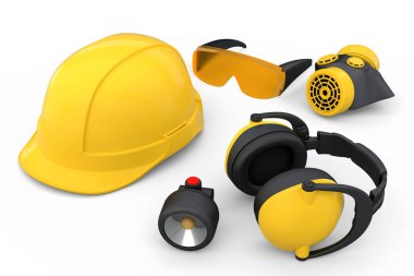 Kask gibi tamir ve montaj için bir set inşaat giysisi. Kulaklıklar ve solunum cihazı beyaz arka planda. Tesisatçı ya da tamirci için 3D tasvir ve hizmet afişi