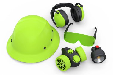 Kask gibi tamir ve montaj için bir set inşaat giysisi. Kulaklıklar ve solunum cihazı beyaz arka planda. Tesisatçı ya da tamirci için 3D tasvir ve hizmet afişi