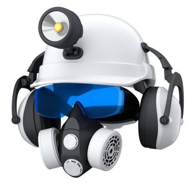 Kask gibi tamir ve montaj için bir set inşaat giysisi. Kulaklıklar ve solunum cihazı beyaz arka planda. Tesisatçı ya da tamirci için 3D tasvir ve hizmet afişi