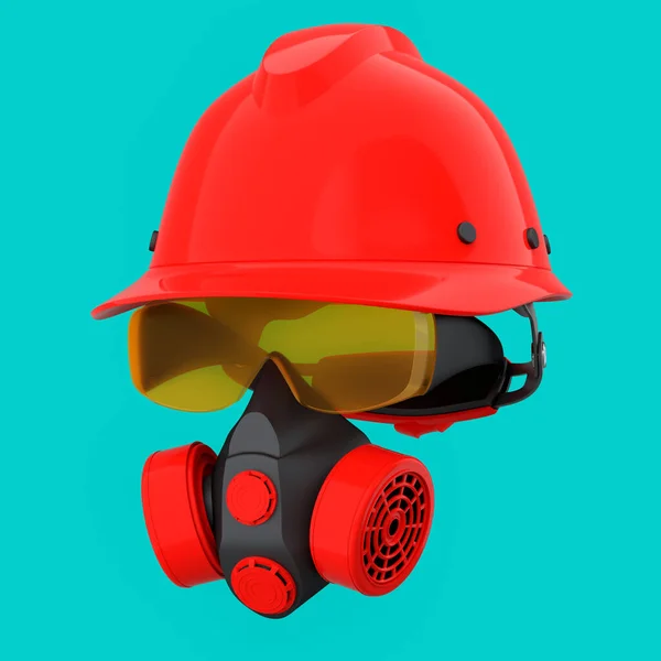 一套用于修理和安装的结构磨损和工具 如头盔 绿色背景的防护眼镜和呼吸器 房屋水管工服务横幅3D渲染及图解 — 图库照片
